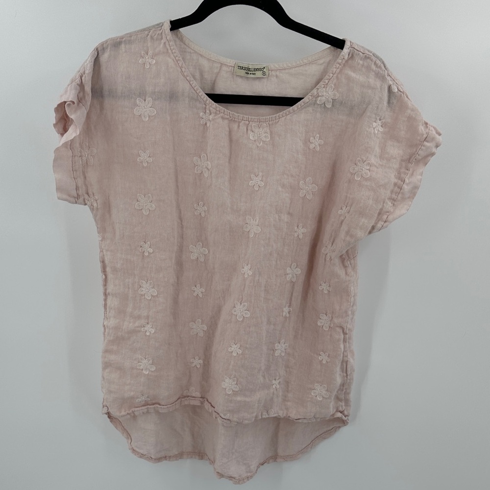 Terzo Millennio 100% Linen Light Pink Embroidered Floral Hi Lo Blouse Small